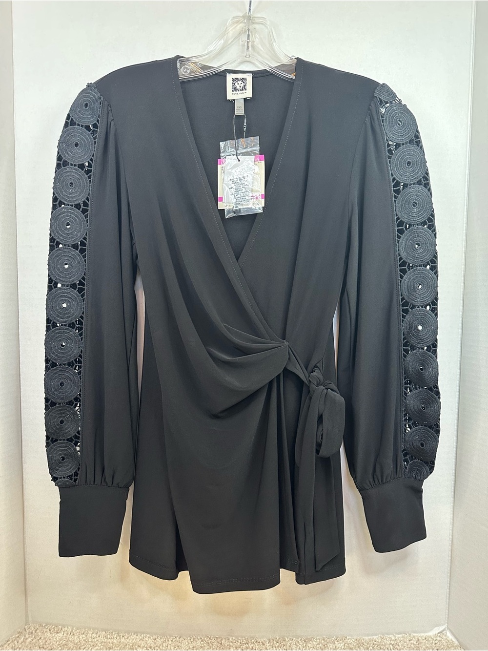 Anne Klein Black Wrap Blouse with Lace-Cutout Sleeves, XXS, NWT